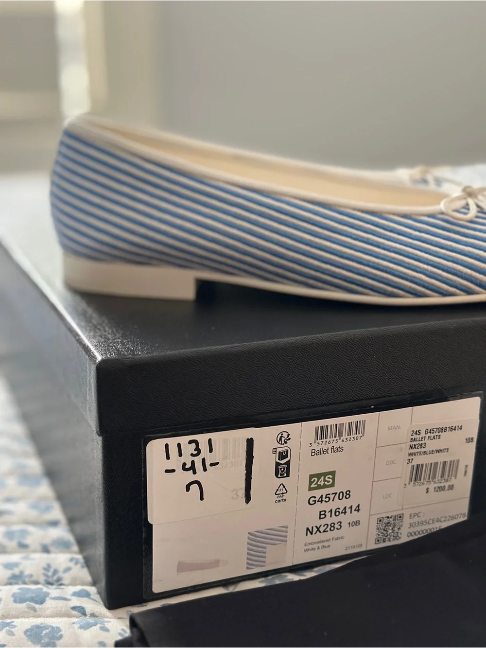 CHANEL Blue Striped and Cream Cap-Toe Ballet Flats